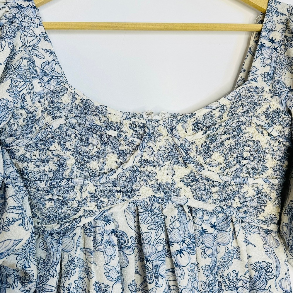 Zoco Gala Dress Women S Blue Floral Smocked Puff Toile Milkmaid cottagecore - Picture 4 of 10